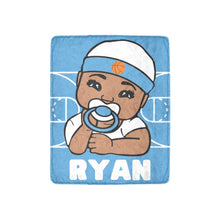 Load image into Gallery viewer, Baby Blue and White Basketball Personalized Baby Boy Blanket