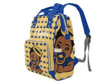 Load image into Gallery viewer, Gold and Royal Blue Crown Black Boy Personalized Diaper Bag