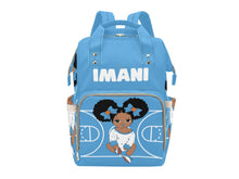 Load image into Gallery viewer, Personalized Baby Blue and White Basketball Girl Diaper Bag