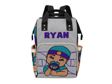 Load image into Gallery viewer, Personalized Gray, Teal, & Purple Basketball Boy Diaper Bag