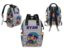 Load image into Gallery viewer, Personalized Gray, Teal, & Purple Basketball Boy Diaper Bag