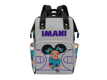 Load image into Gallery viewer, Personalized Gray, Teal, & Purple Basketball Girl Diaper Bag