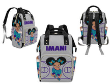 Load image into Gallery viewer, Personalized Gray, Teal, & Purple Basketball Girl Diaper Bag