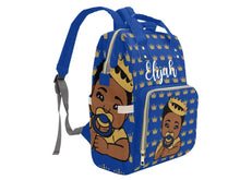 Load image into Gallery viewer, Royal Blue and Gold Crown Black Boy Personalized Diaper Bag
