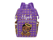 Load image into Gallery viewer, Royal Purple and Gold Crown Black Boy Personalized Diaper Bag