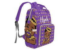 Load image into Gallery viewer, Royal Purple and Gold Crown Black Boy Personalized Diaper Bag
