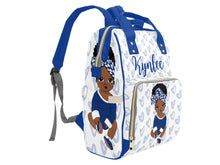 Load image into Gallery viewer, White and Royal Blue Headwrap Baby Girl Diaper Bag