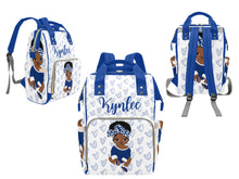 Load image into Gallery viewer, White and Royal Blue Headwrap Baby Girl Diaper Bag