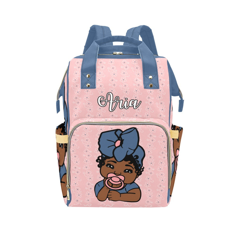 Pink and Denim Blue Floral Personalized Diaper Bag