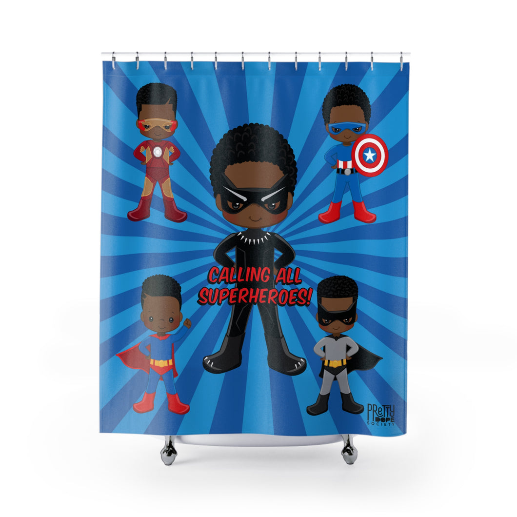 Black Boy Superhero Shower Curtain (Dark Blue)