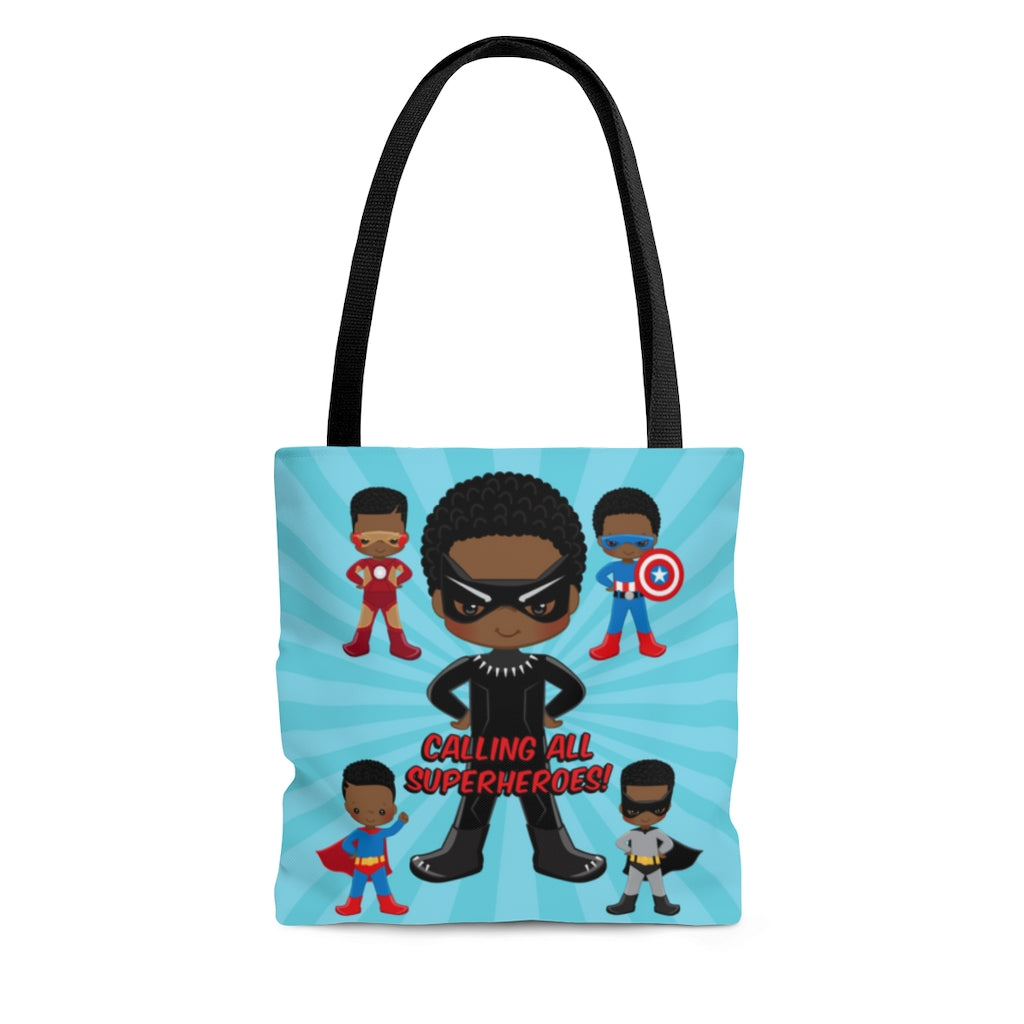 Black Boy Superhero Tote Bag (Light Blue)