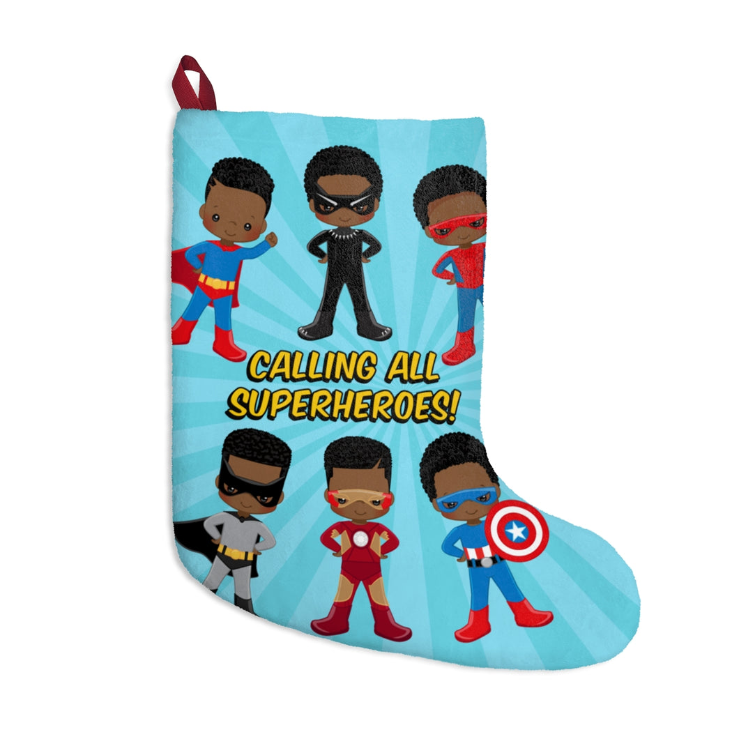 Black Boy Superhero Christmas Stocking (Light Blue)