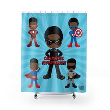 Load image into Gallery viewer, Black Boy Superhero Shower Curtain (Light Blue)
