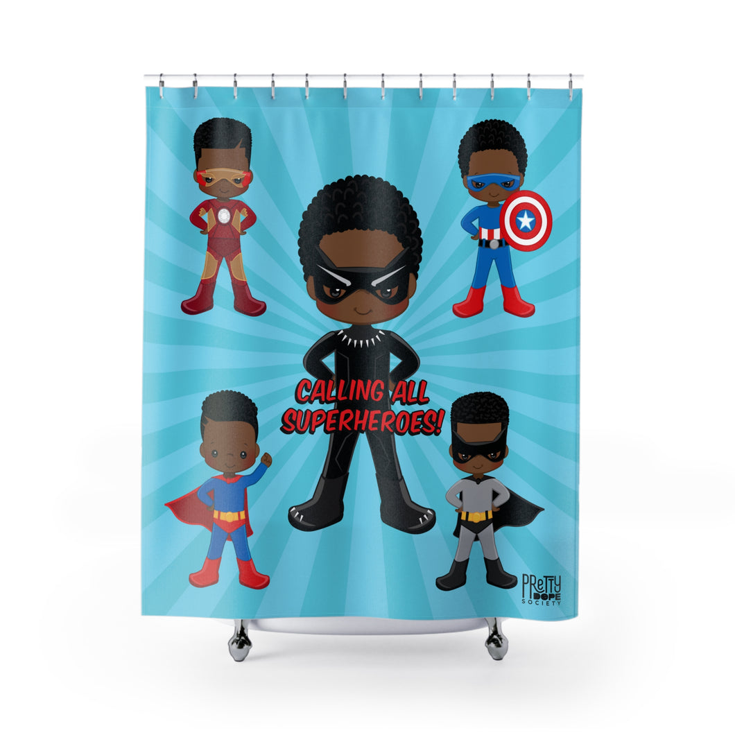Black Boy Superhero Shower Curtain (Light Blue)