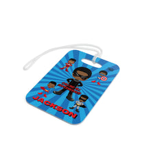 Load image into Gallery viewer, Black Boy Superhero Personalized Luggage Tag (Dark Blue)
