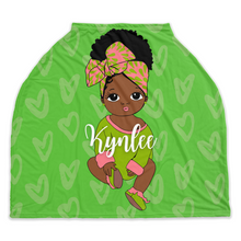 Load image into Gallery viewer, Green &amp; Pink Headwrap Personalized Girl Car Seat Cover
