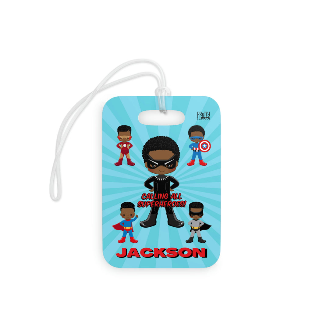 Black Boy Superhero Personalized Luggage Tag (Light Blue)
