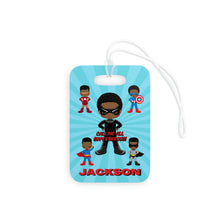 Load image into Gallery viewer, Black Boy Superhero Personalized Luggage Tag (Light Blue)
