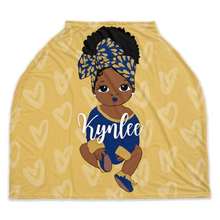 Load image into Gallery viewer, Gold &amp; Royal Blue Headwrap Personalized Girl Car Seat Cover
