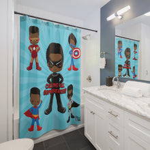 Load image into Gallery viewer, Black Boy Superhero Shower Curtain (Light Blue)
