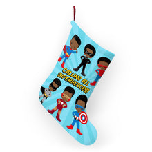 Load image into Gallery viewer, Black Boy Superhero Christmas Stocking (Light Blue)
