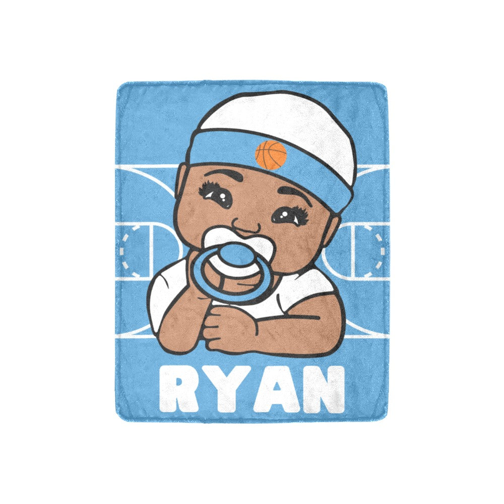 Baby Blue and White Basketball Personalized Baby Boy Blanket