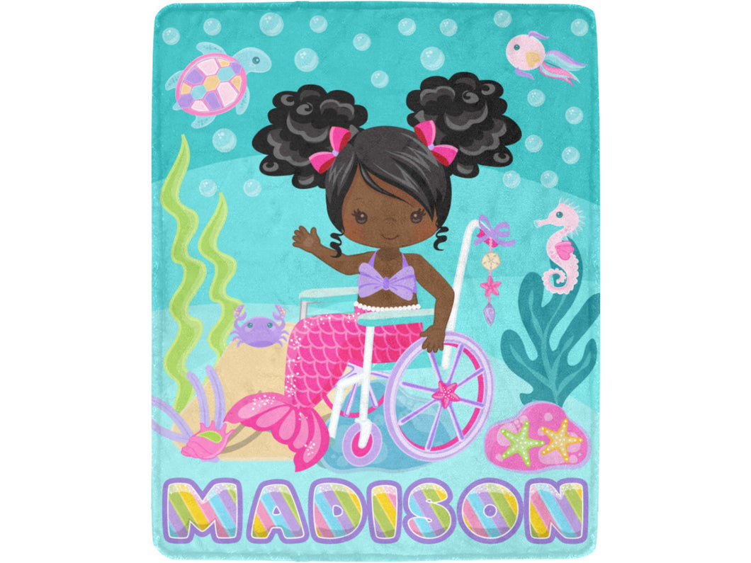 Black Girl Mermaid in Wheelchair Personalized Blanket