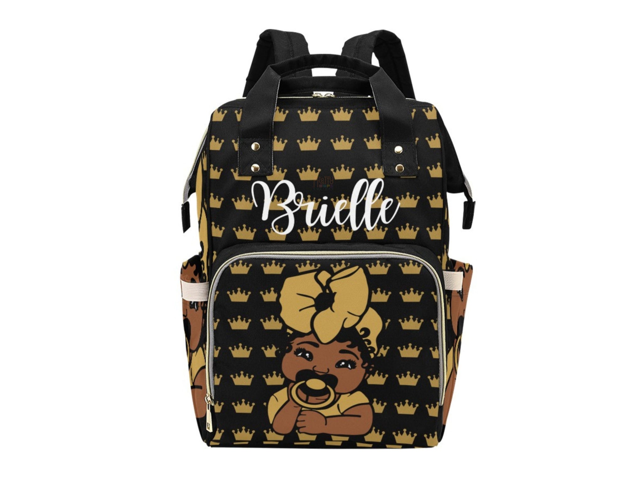 Black and Gold Crown Headwrap Baby Girl Personalized Diaper Bag Pretty Dope Society