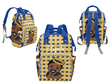 Load image into Gallery viewer, Gold and Royal Blue Crown Black Boy Personalized Diaper Bag
