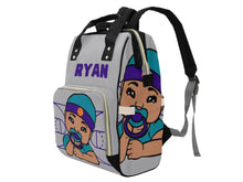 Load image into Gallery viewer, Personalized Gray, Teal, &amp; Purple Basketball Boy Diaper Bag
