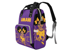 Load image into Gallery viewer, Personalized Purple and Gold Basketball Girl Diaper Bag
