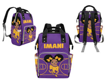 Load image into Gallery viewer, Personalized Purple and Gold Basketball Girl Diaper Bag
