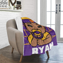 Load image into Gallery viewer, Purple and Gold Basketball Personalized Baby Boy Blanket
