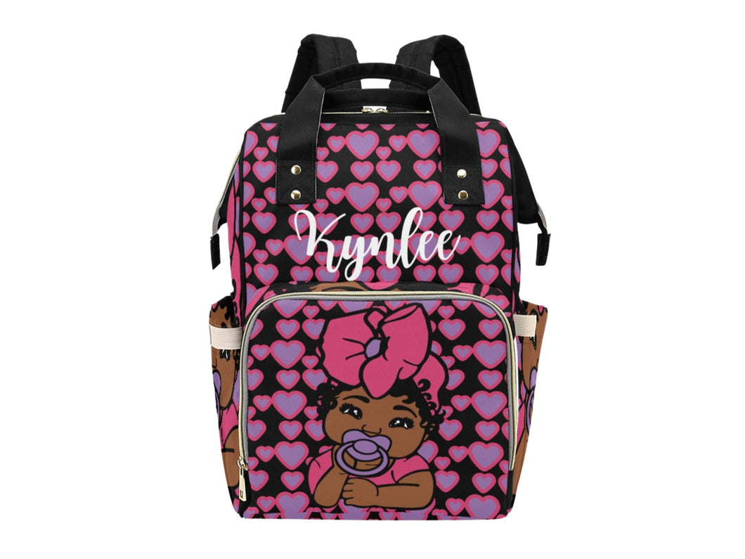 Purple and Pink Hearts Black Girl Personalized Diaper Bag