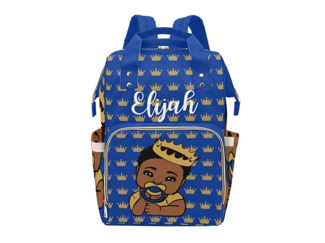 Royal Blue and Gold Crown Black Boy Personalized Diaper Bag