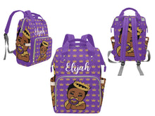 Load image into Gallery viewer, Royal Purple and Gold Crown Black Boy Personalized Diaper Bag
