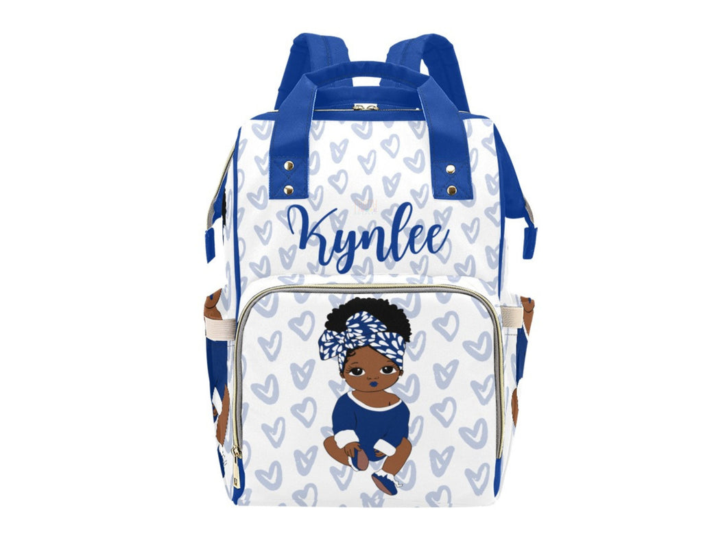 White and Royal Blue Headwrap Baby Girl Diaper Bag
