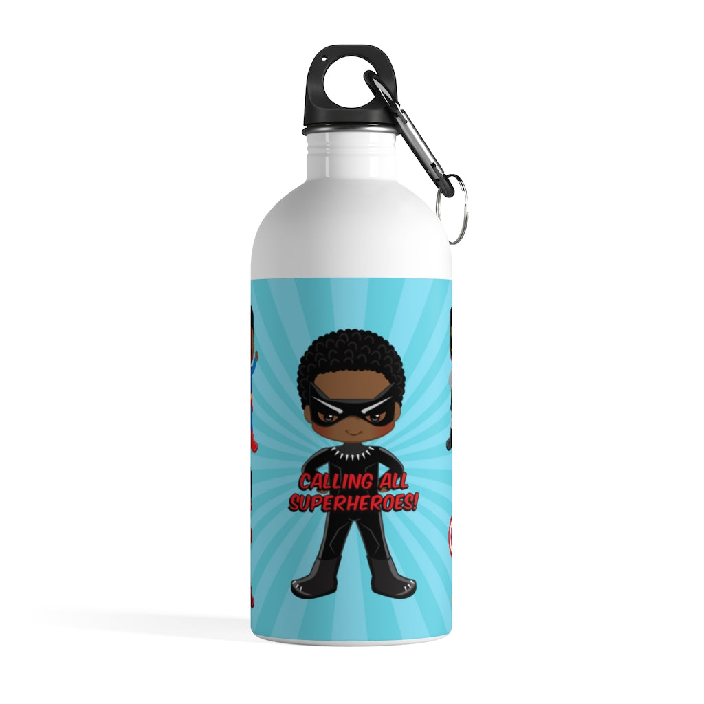 Black Boy Superhero Water Bottle (Light Blue)