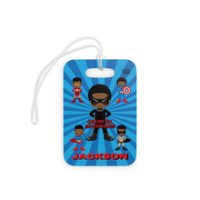 Load image into Gallery viewer, Black Boy Superhero Personalized Luggage Tag (Dark Blue)
