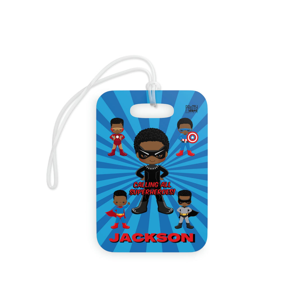 Black Boy Superhero Personalized Luggage Tag (Dark Blue)