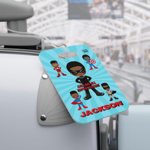 Load image into Gallery viewer, Black Boy Superhero Personalized Luggage Tag (Light Blue)
