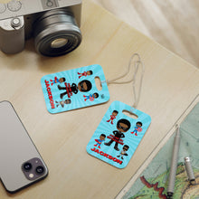 Load image into Gallery viewer, Black Boy Superhero Personalized Luggage Tag (Light Blue)
