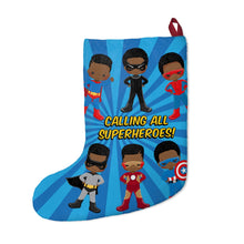 Load image into Gallery viewer, Black Boy Superhero Christmas Stocking (Dark Blue)

