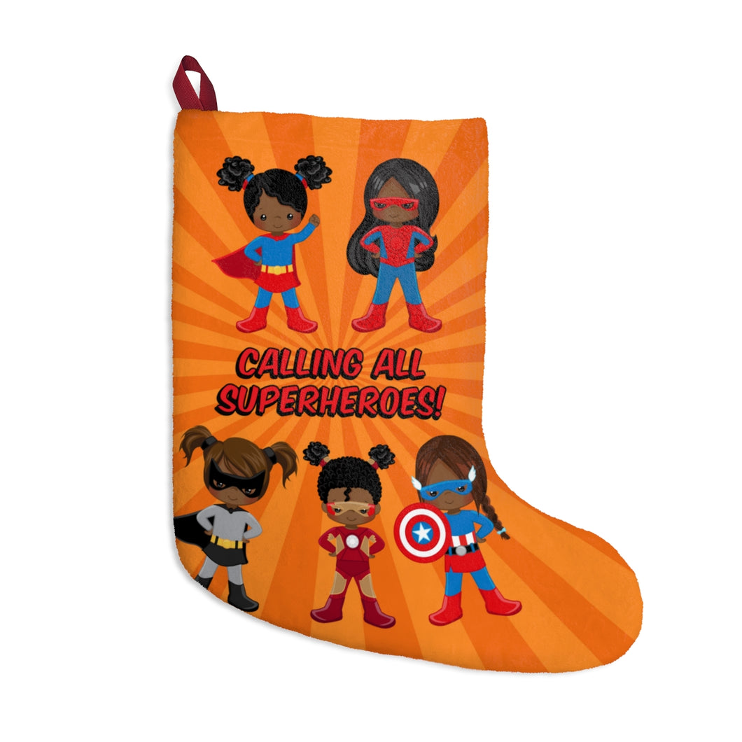 Black Girl Superhero Christmas Stocking (Orange)